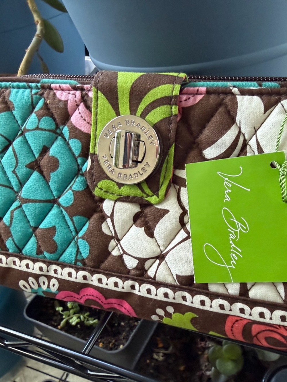 Vera Bradley Quilted Wallet in Turquoise, Brown, Pink & Green